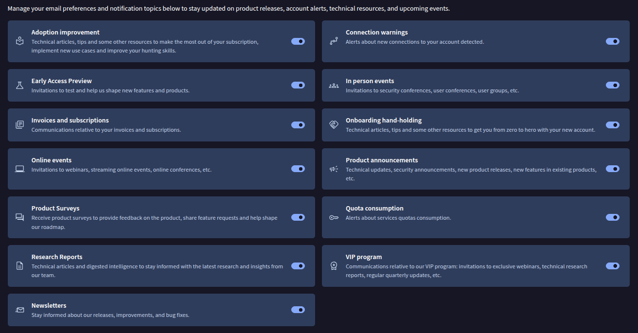 Comms subscriptions sub-tab with one on/off switch per communication topic