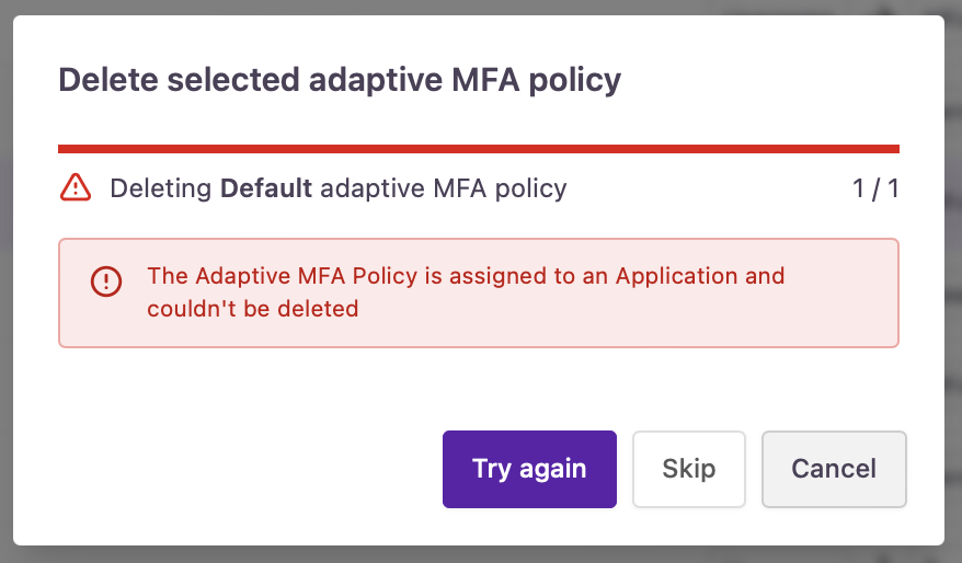 Error message when trying to delete an MFA policy