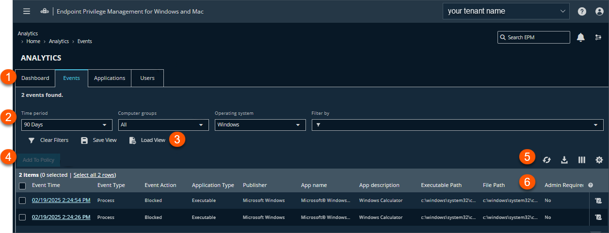 The Events page in Endpoint Privilege Management for Windows and Mac analytics