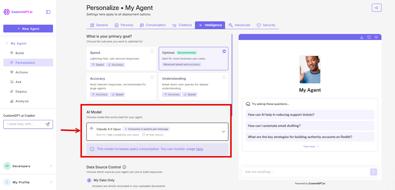 screenshot of AI model dropdown list