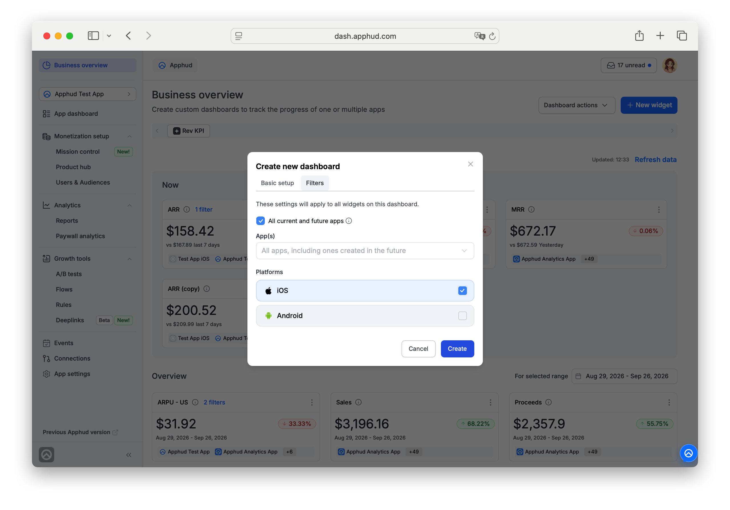 Apphud - Business Overview: setting dashboard filters on platforms and apps