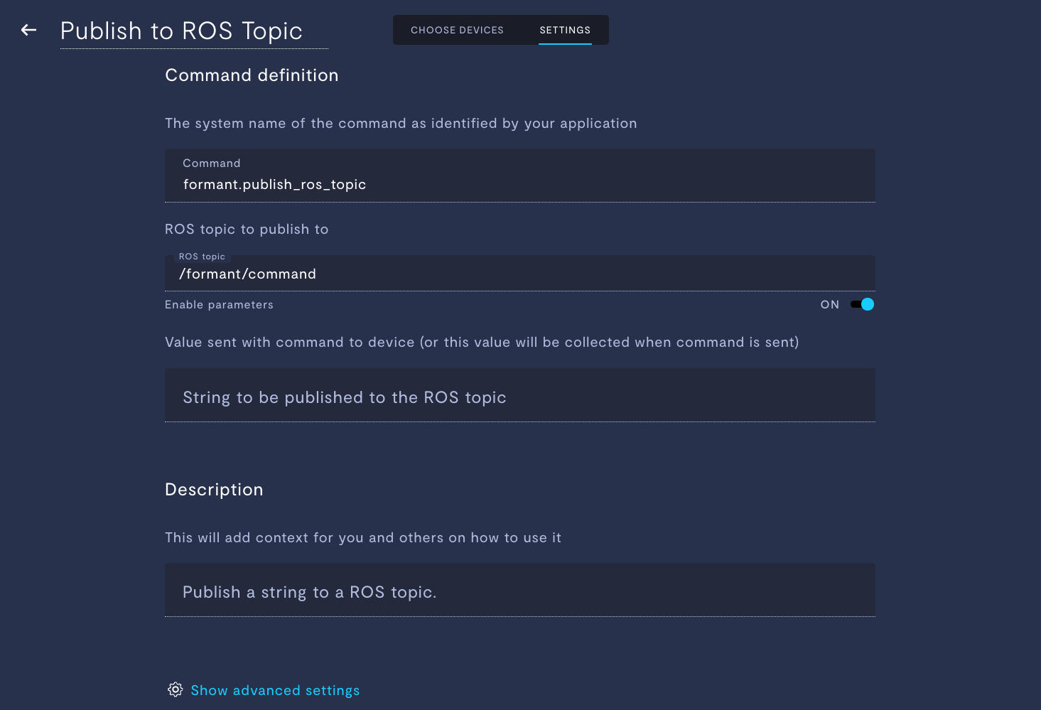 configuring the built in formant publish ros topic command