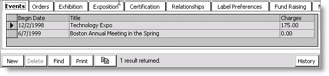 From Customers, select Manage customers, find customer record, and select Events tab
