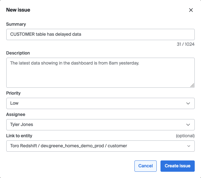 New issue modal with sample summary, description, priority, assignee, and link to entity