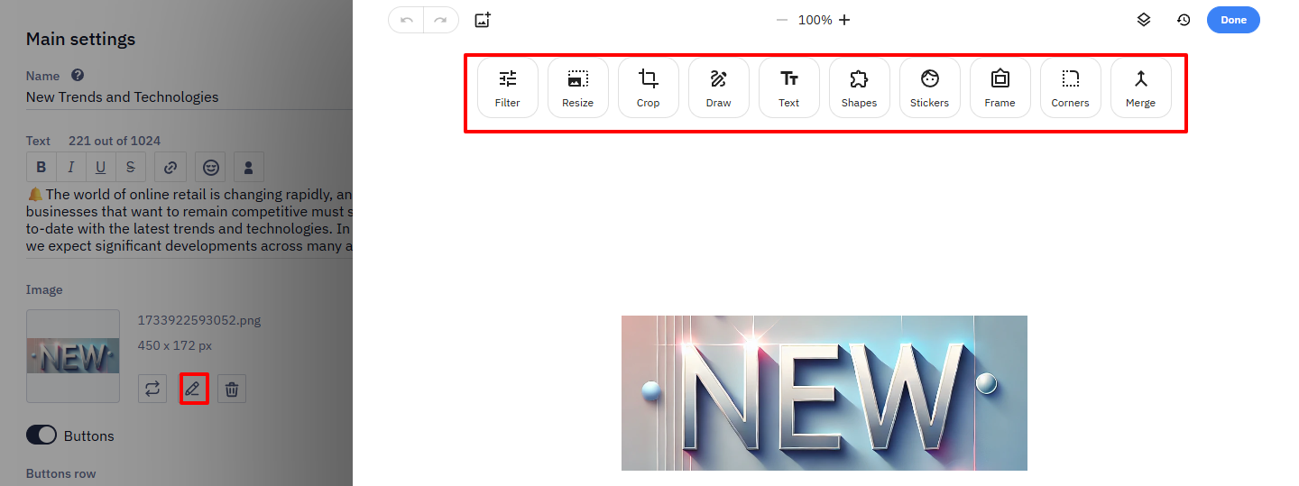 Image editor toolbar highlighted with options including Filter, Resize, Crop, Draw, Text, Shapes, Stickers, Frame, Corners, and Merge.