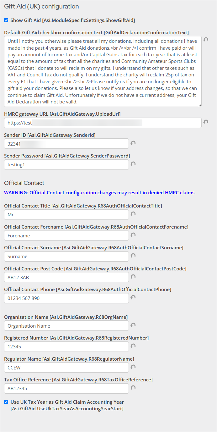 Gift Aid configuration window settings