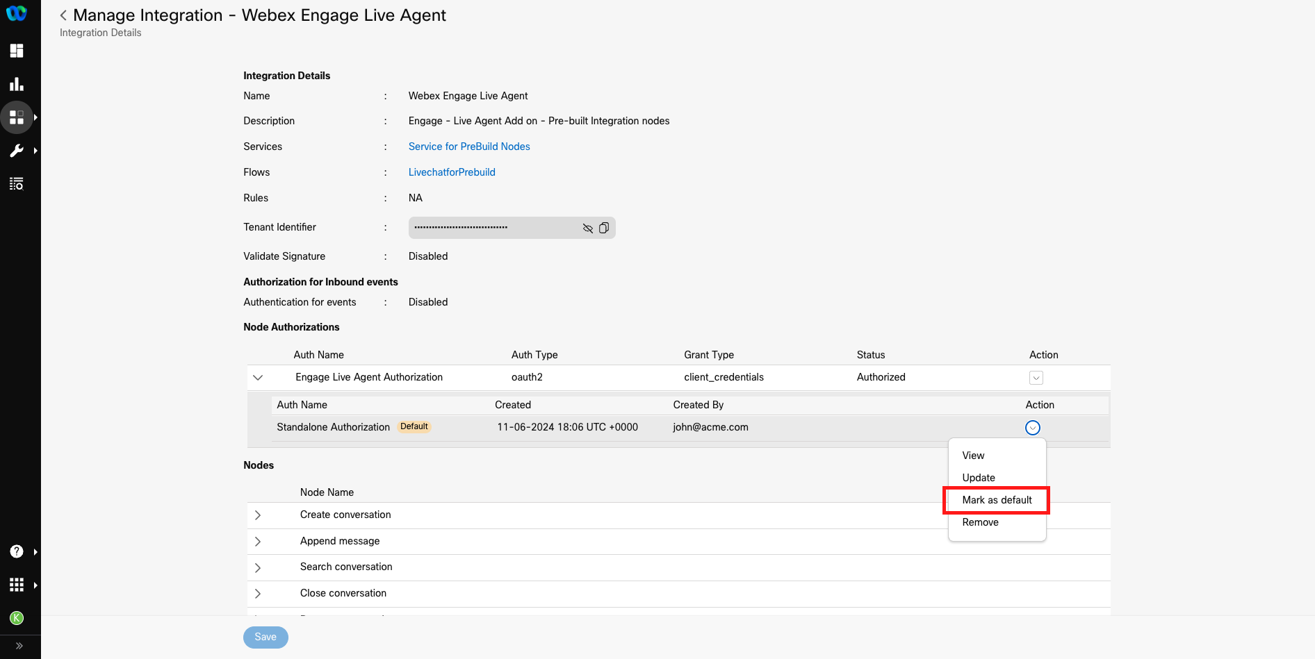 Webex Engage Live Agent Integration > Marking Default Authorisation 