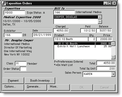Sample Exposition Orders window for an iMIS category exposition order