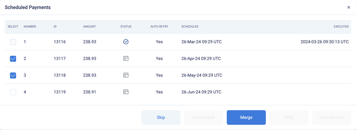 Select payments to Merge