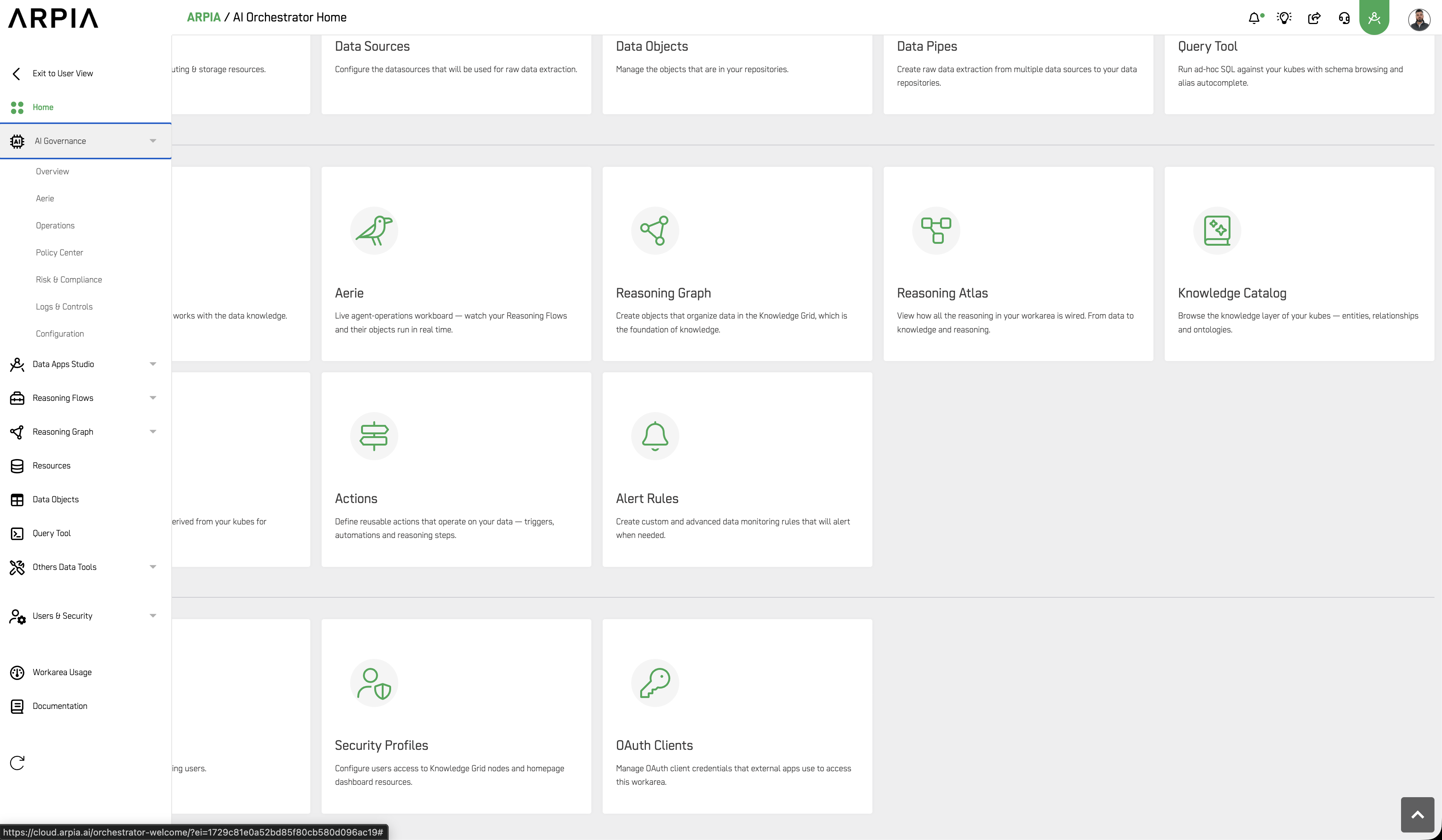 Side menu with AI Governance expanded showing all sub-items