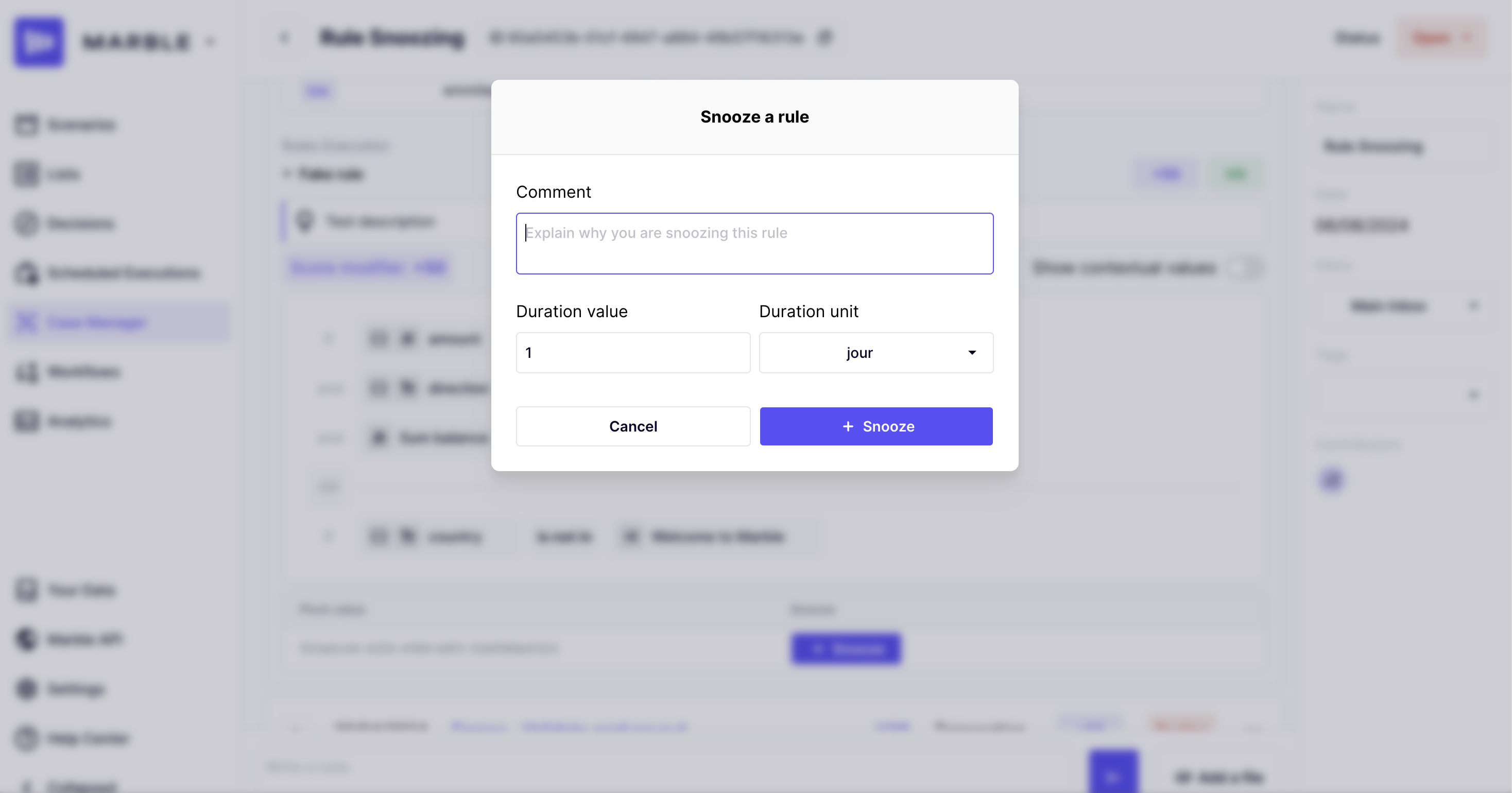 Creation modal to fill to create a snooze