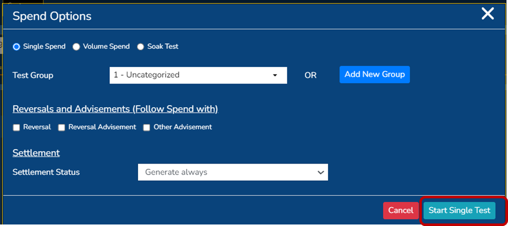 Test screen: Start single test part 1.