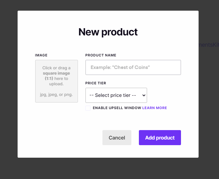The add new product popup.
