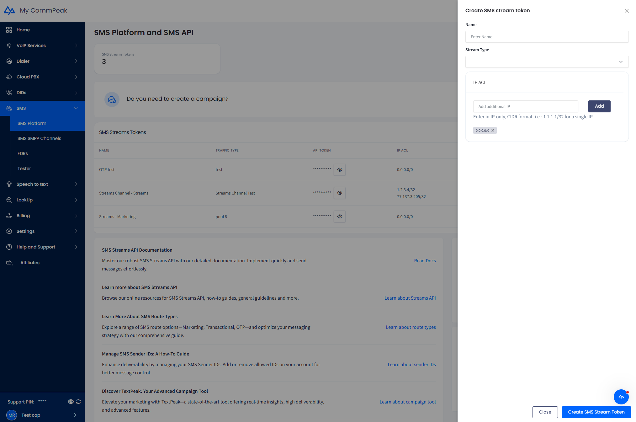 Screenshot of the **Create SMS Stream Token** button