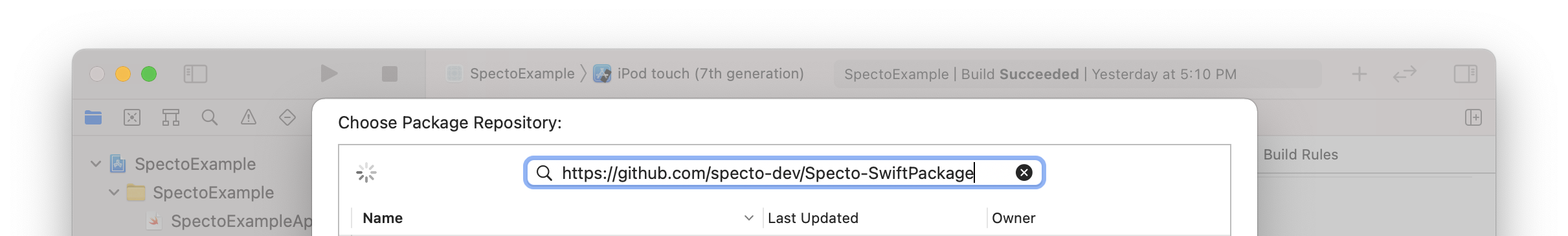 spm-repo-url.png Entering the Specto Swift package URL in Xcode (step 2)