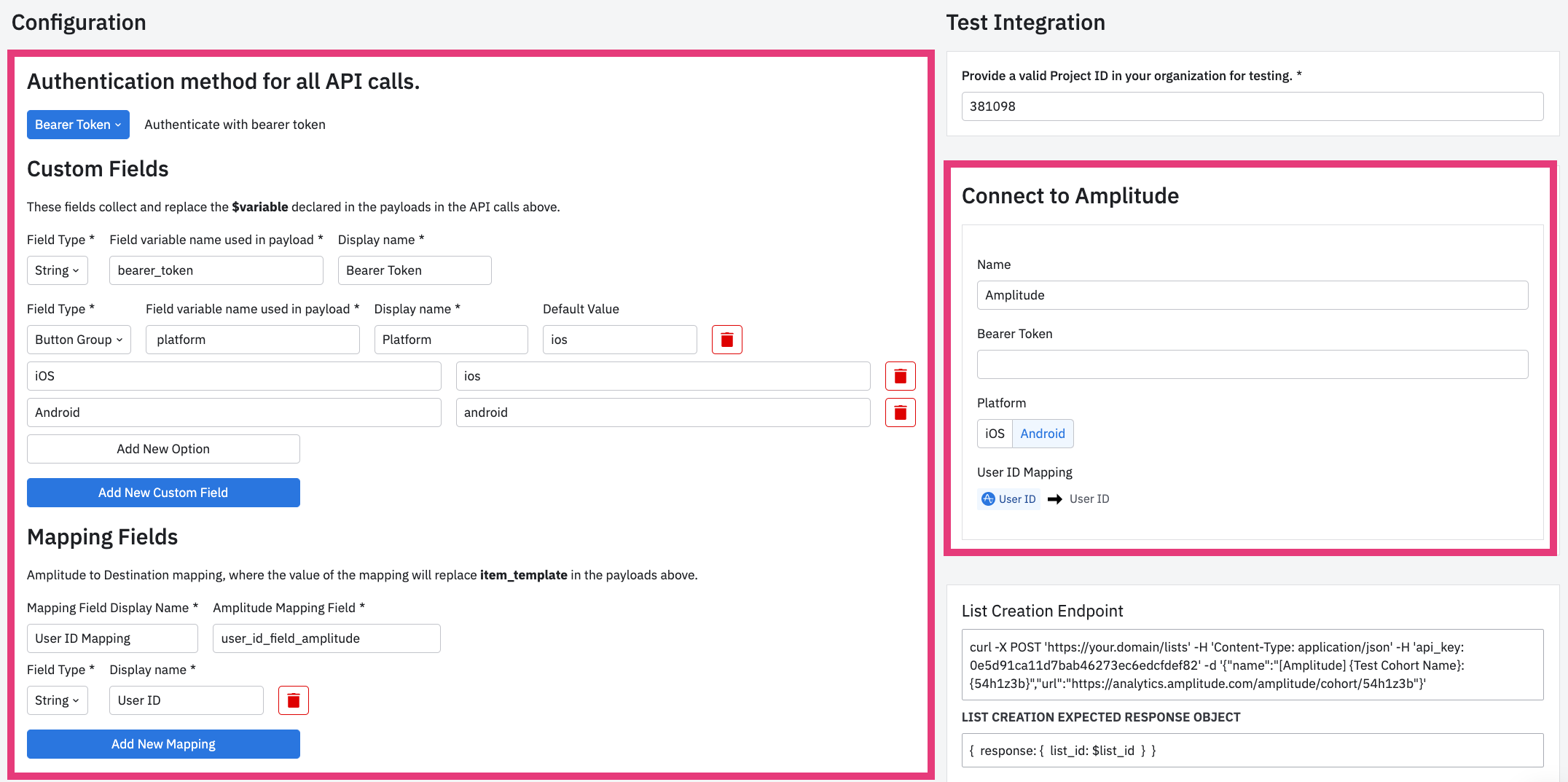 An illustrative example for a simple configuration for Bearer Token. Note the Panel on the right "Connect to Amplitude" is the modal screen that the user will see when trying to setup your integration in Amplitude's destination page.