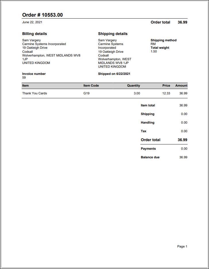 Viewing te Print Order by Order Number report example