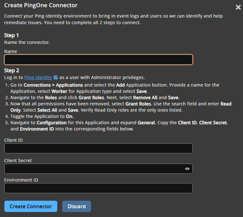 PingOne connector settings
