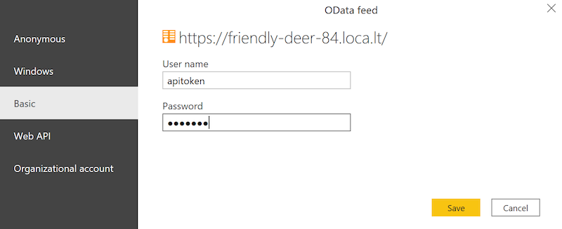 Entering a New Password for Basic Authentication for an OData Feed