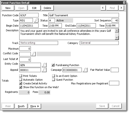 From Events, select Define an event, double-click an event, select an event function, and click Edit