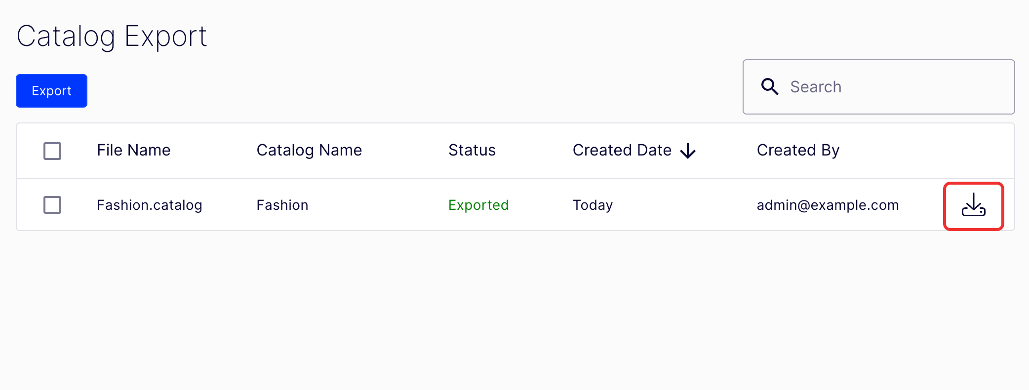 screenshot of the Catalog Export window showing the current export