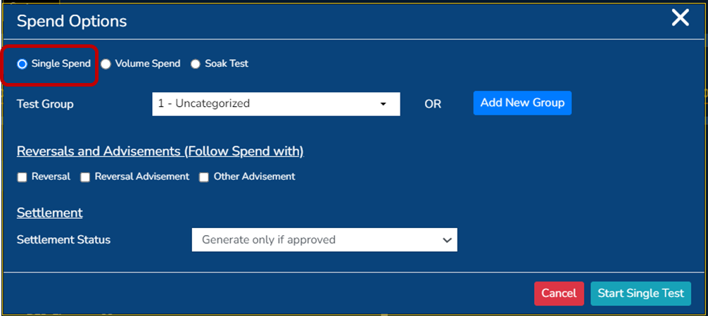 Test screen: selecting single spend