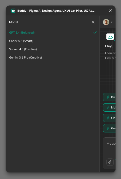 Buddy model selector showing available AI models in the chat panel