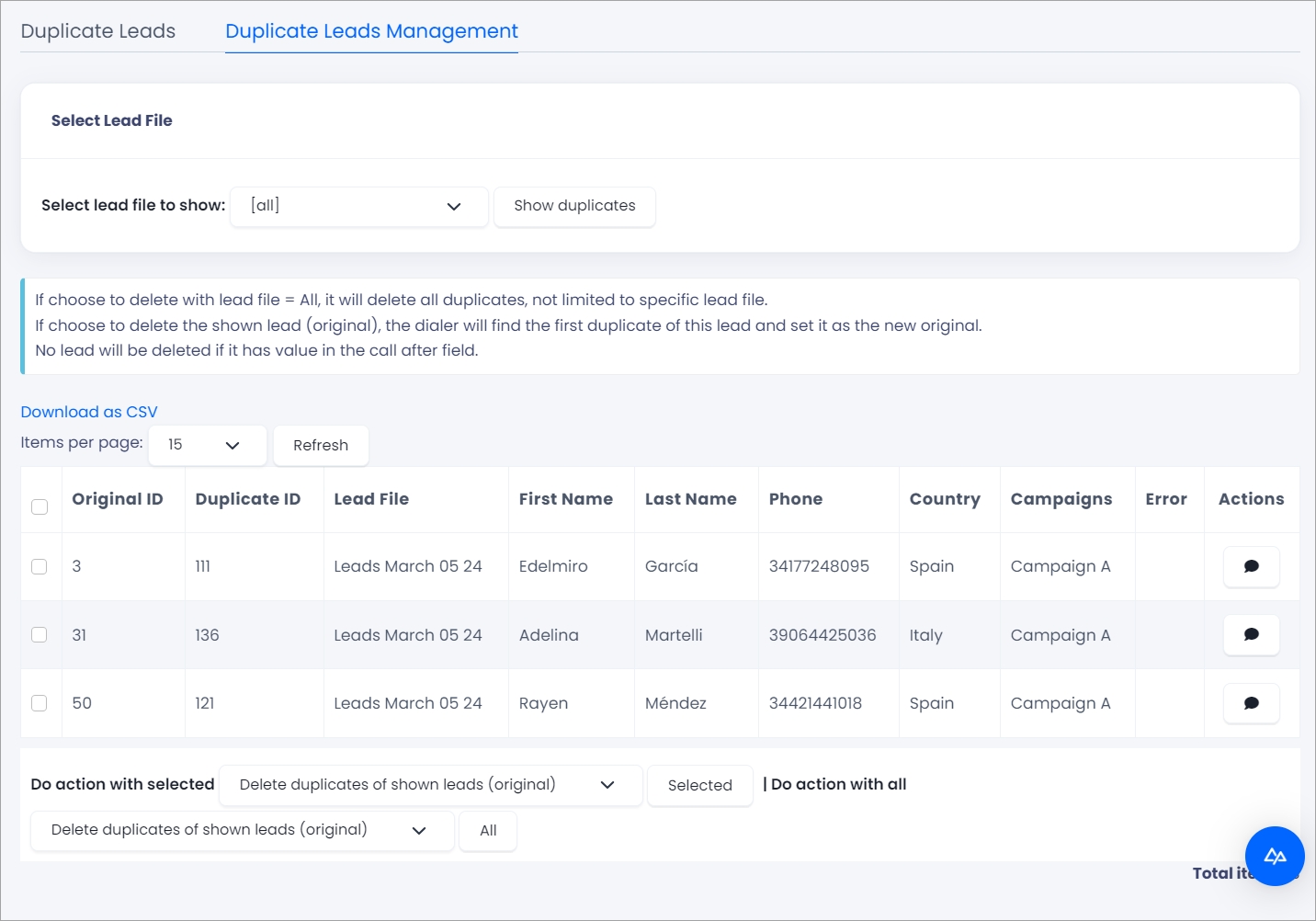 Screenshot of the Duplicate Leads Management tab