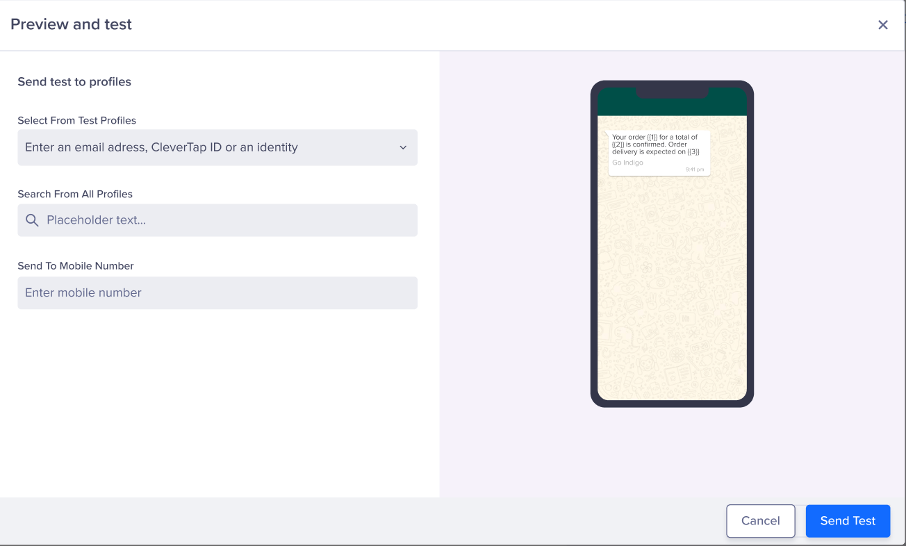 Screen shows how to preview and test a WhatsApp message from the CleverTap dashboard