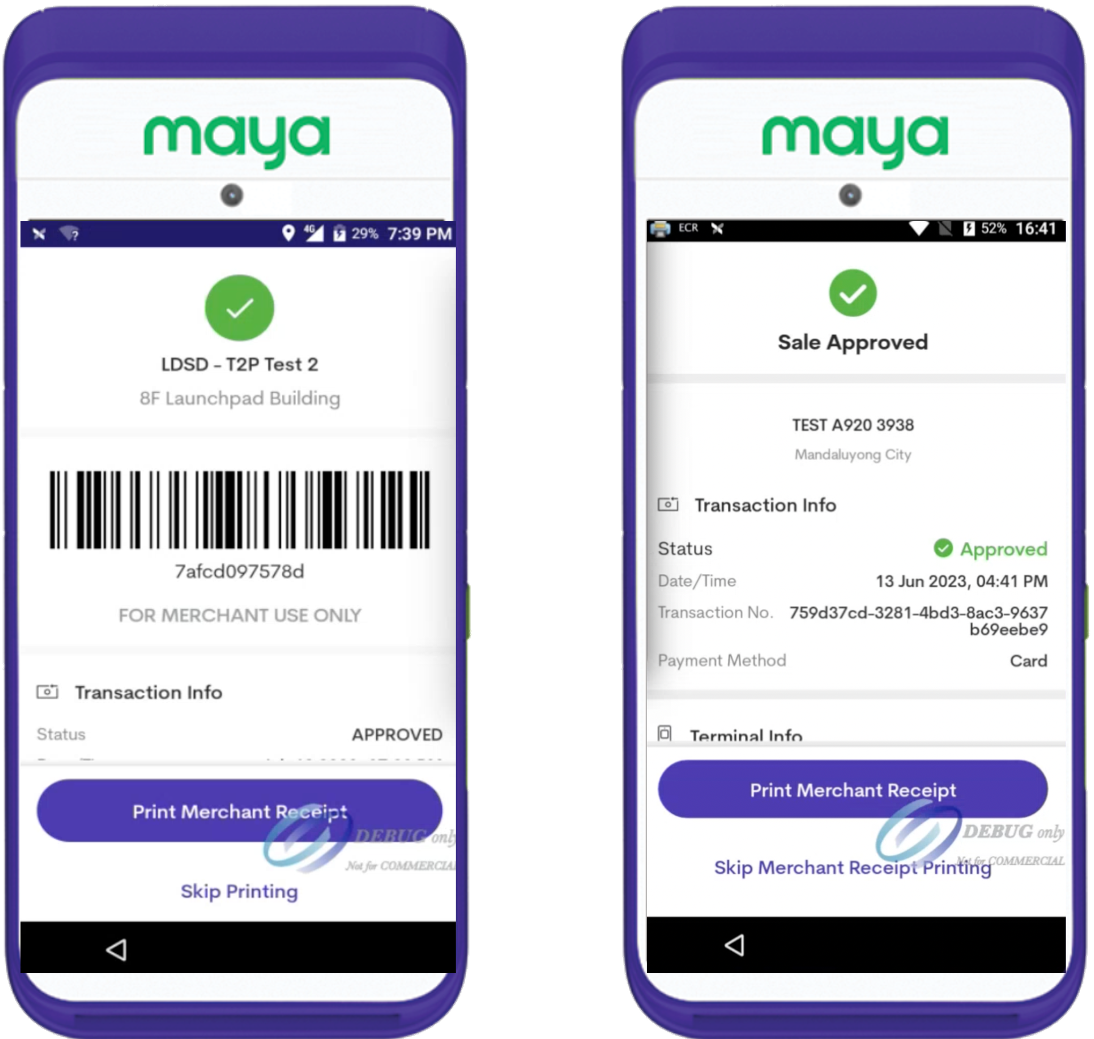 Printing the merchant receipt of a payment via e-wallet (left) and card (right)