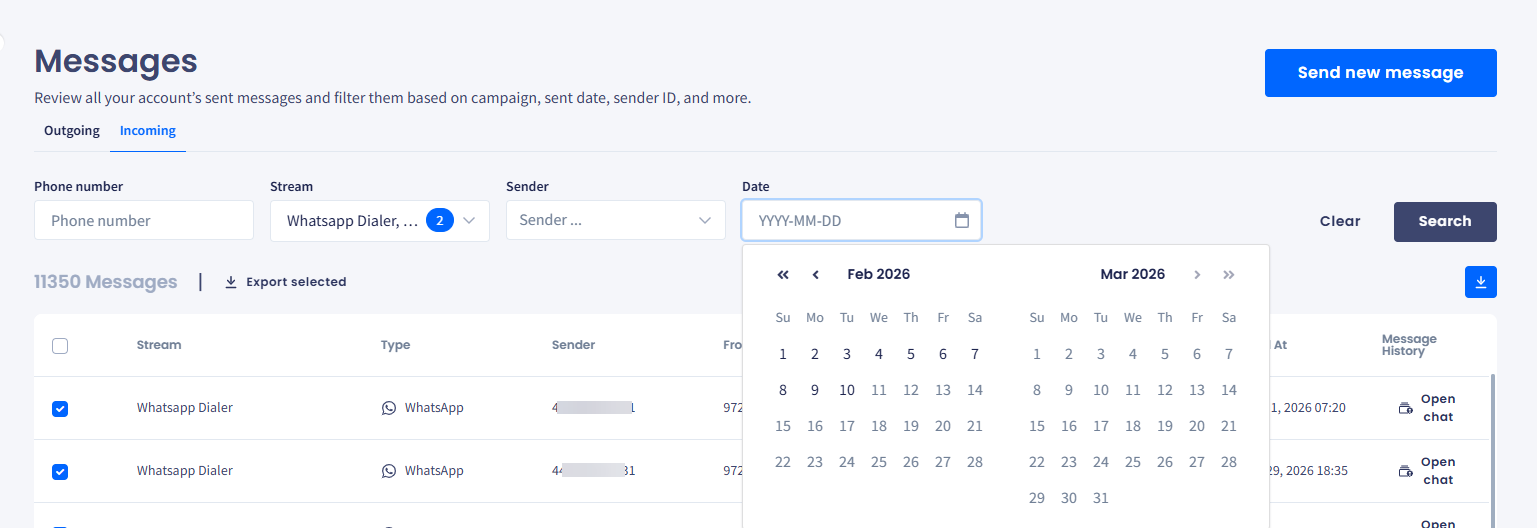 Screenshot of the filtering options