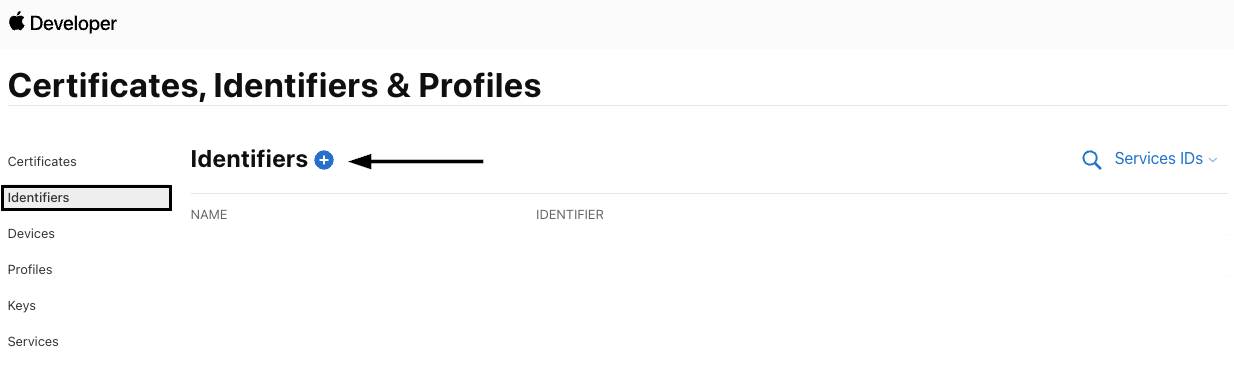 The Certificates, Identifiers, & Profiles Menu in the Apple Developer Console