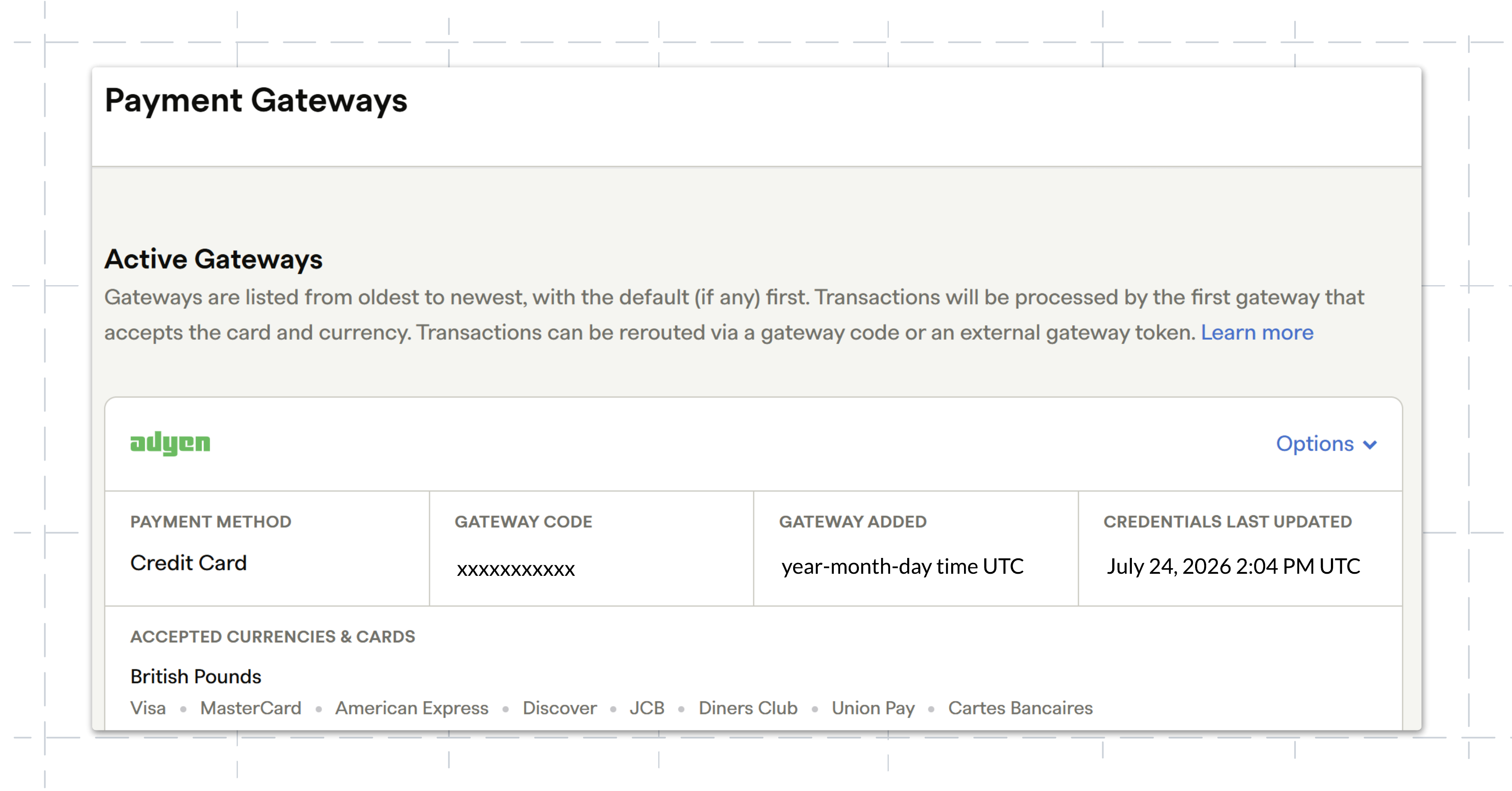 View your active Adyen gateway on the Payment Gateways page.