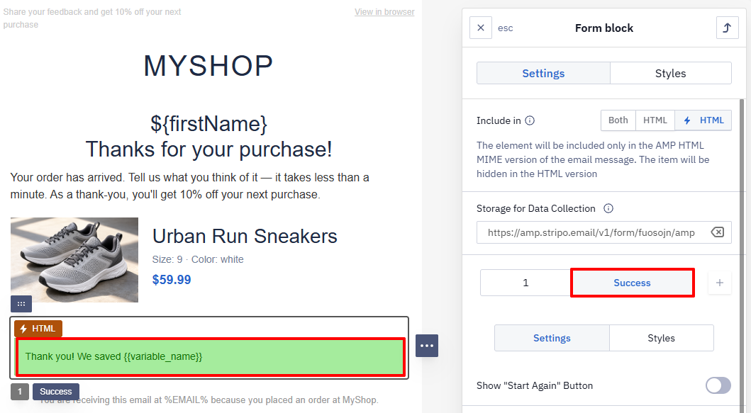 Success tab in the form settings panel and the success message in the email