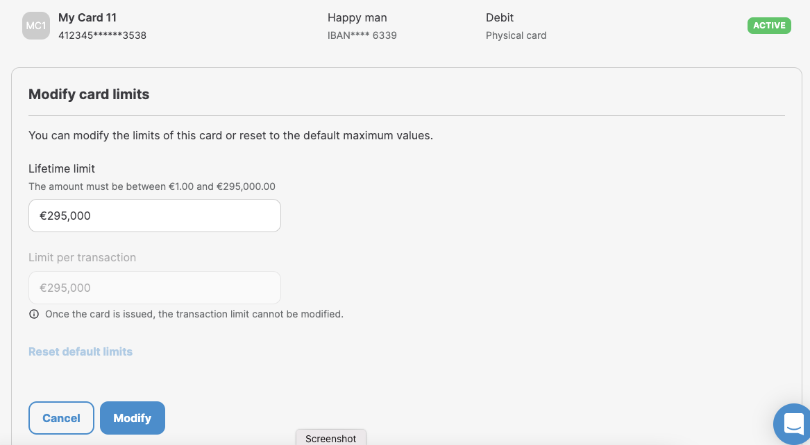 Card limits modification for an active Modulr card