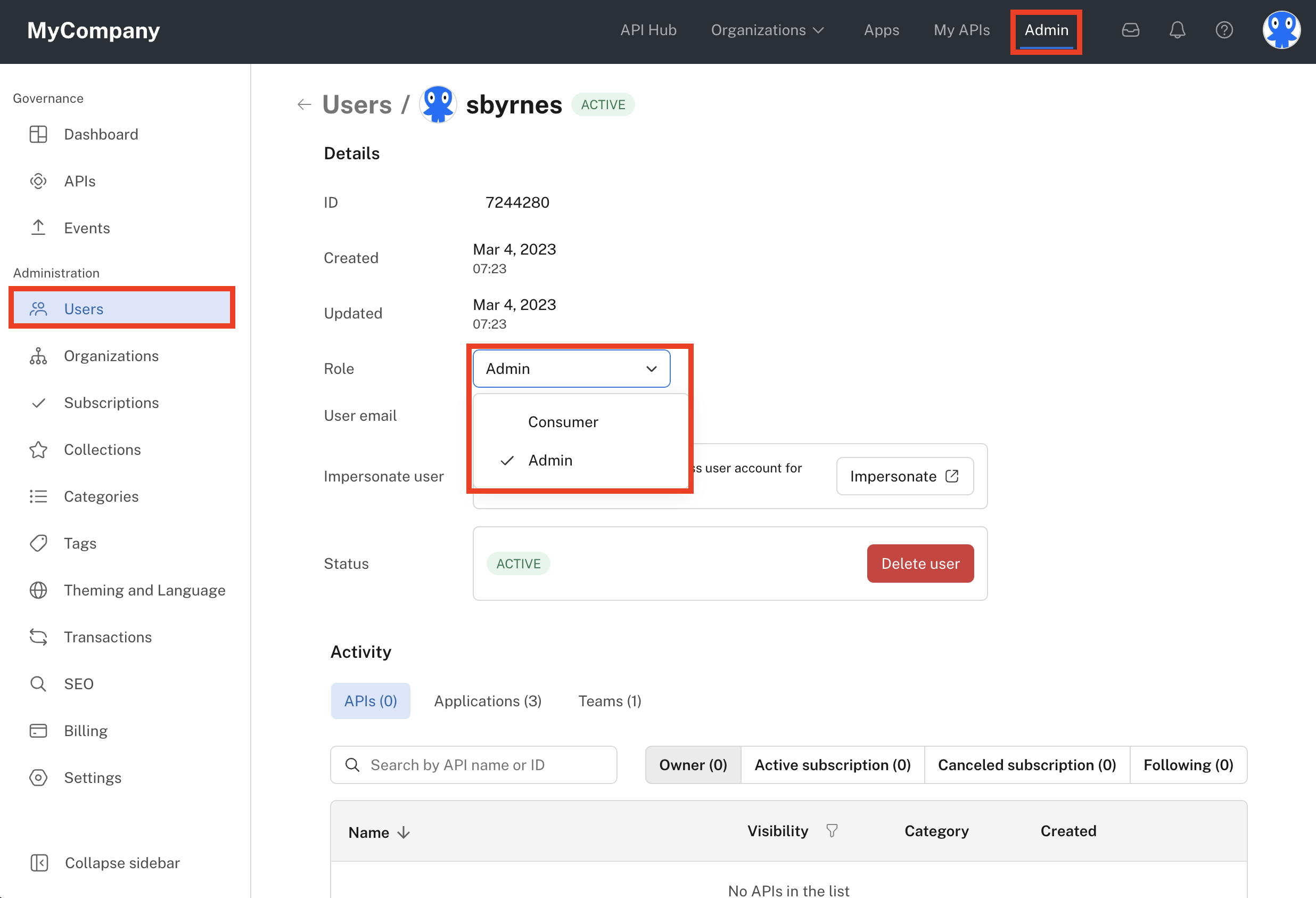 Changing an existing user to an Environment Admin in the Admin Panel.