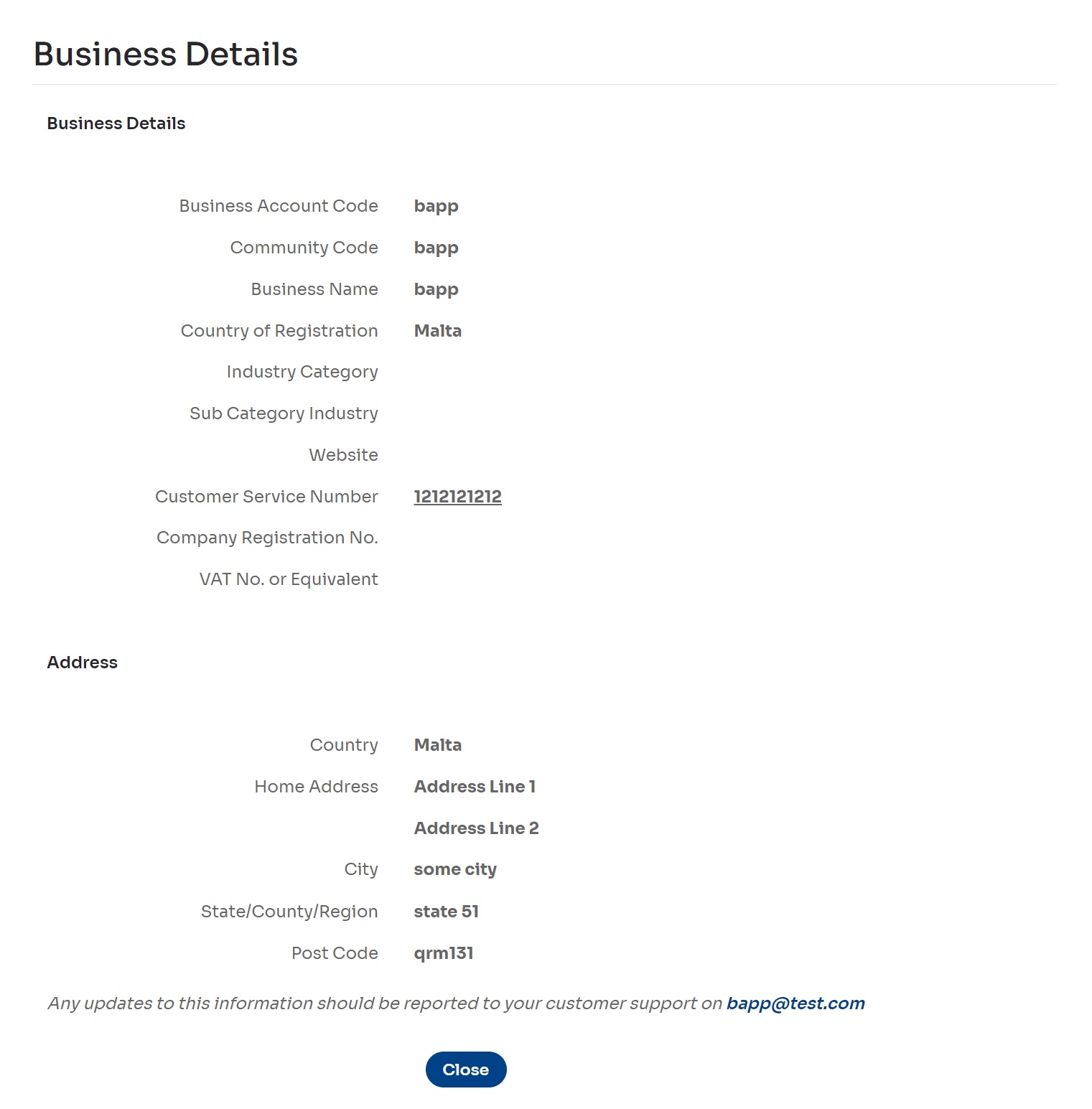 Figure 1: Viewing your Business Details