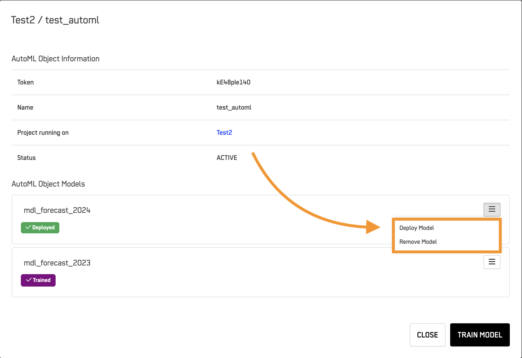 Model Actions Menu - Deploy or Remove
