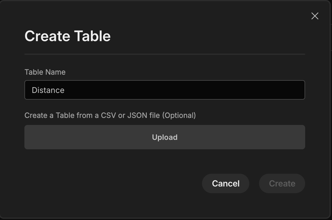Modal for creating a table