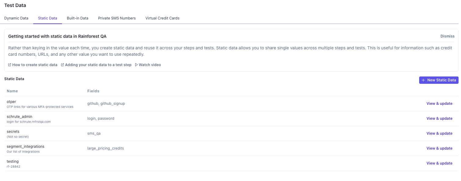 Adding static data values.