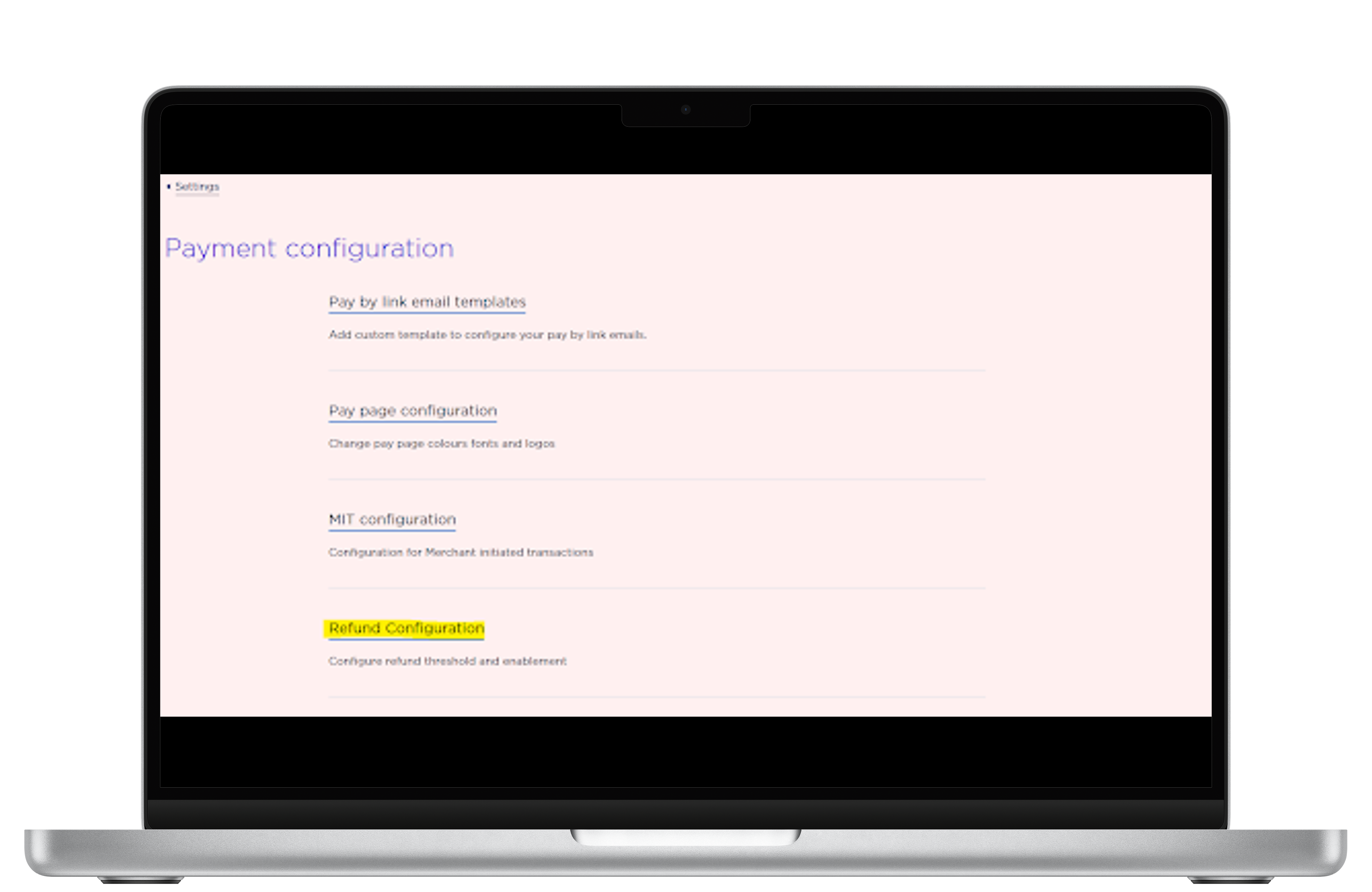 The screenshot shows the refund configuration option listed below the payment configuration screen. 