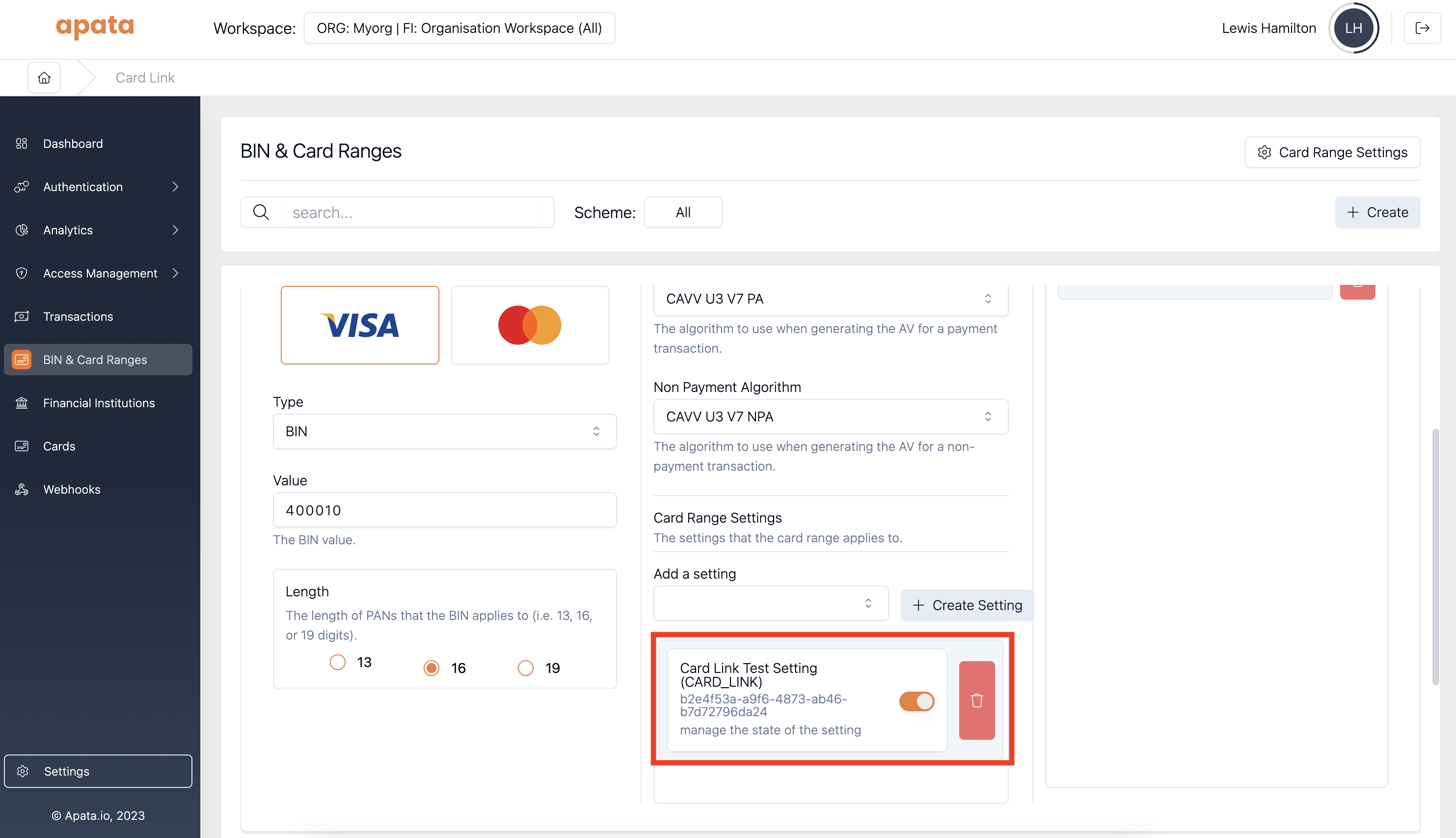 Card Link setting added in settings section