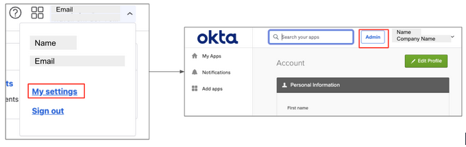 The Okta My Settings page showing the Admin label next to the user's name.