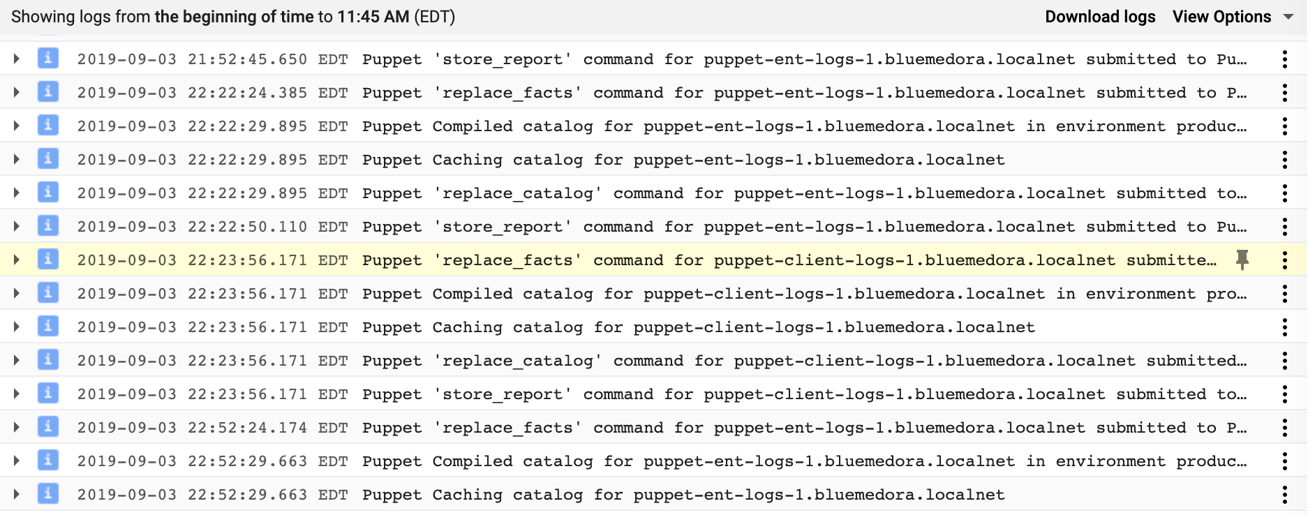 Puppet server logs example