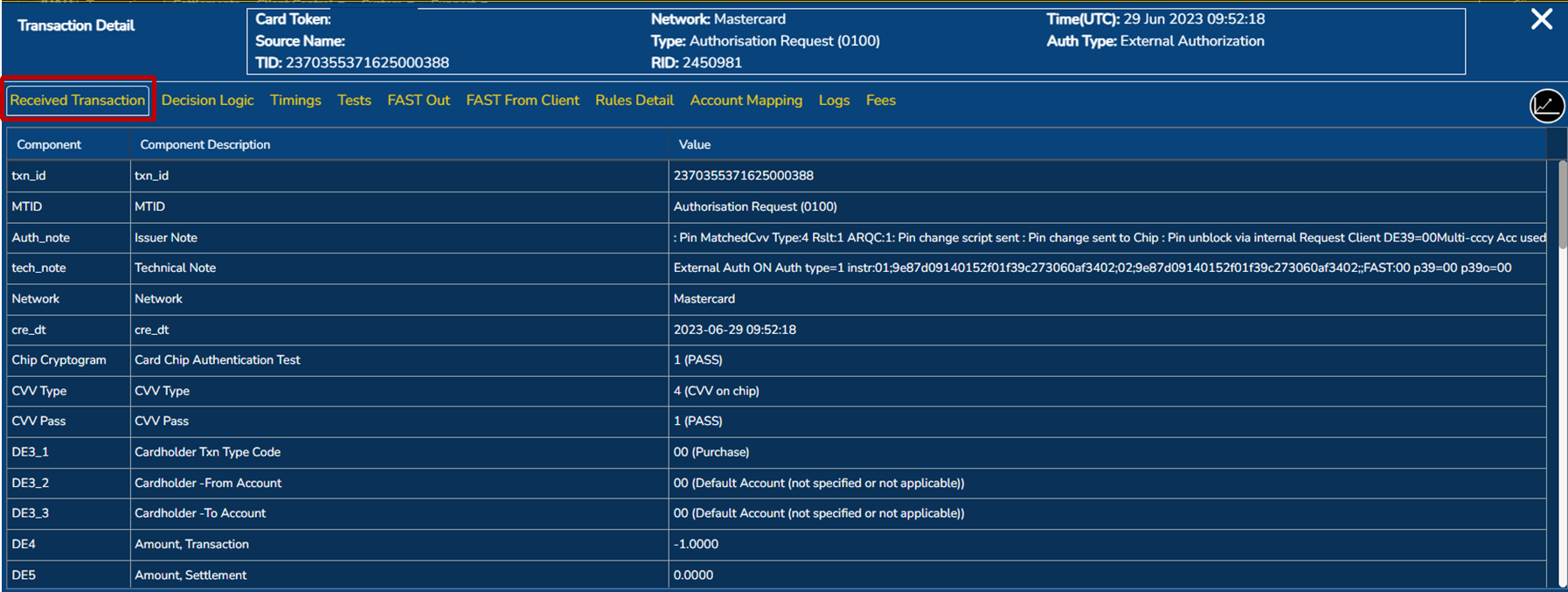Transaction screen: received transaction