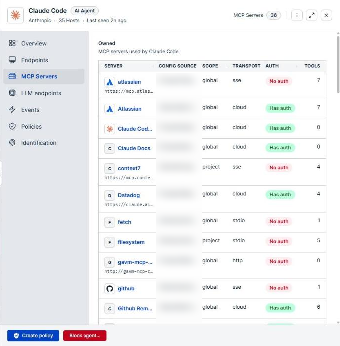 MCP Servers tab with a table of owned servers