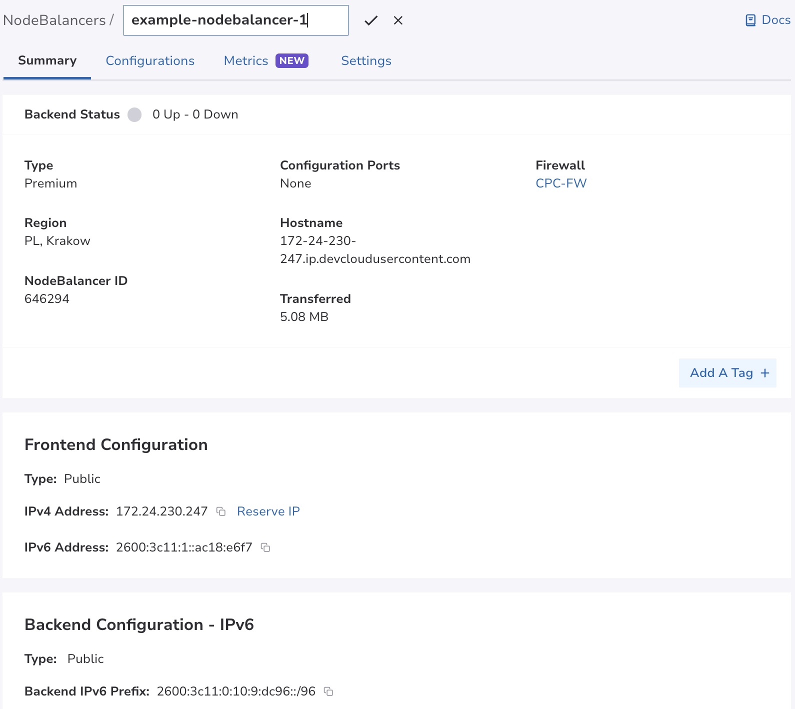 A screenshot showing the NodeBalancer's details page.