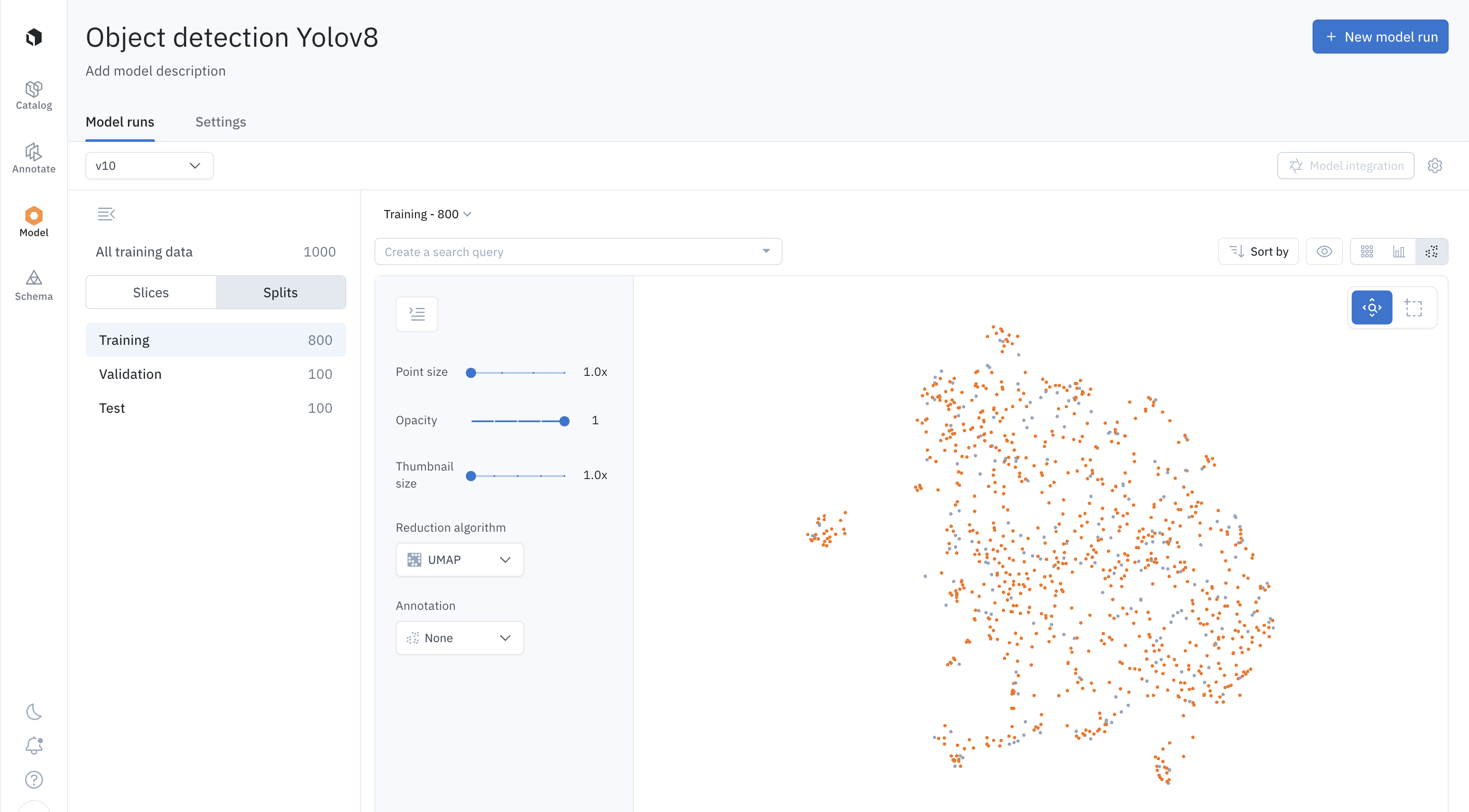 Selected data rows (here, the training set) show up in orange