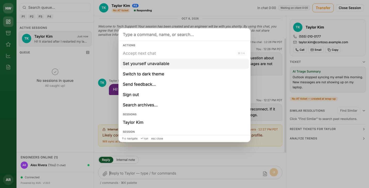 The command palette open over an active chat, showing Actions and Sessions