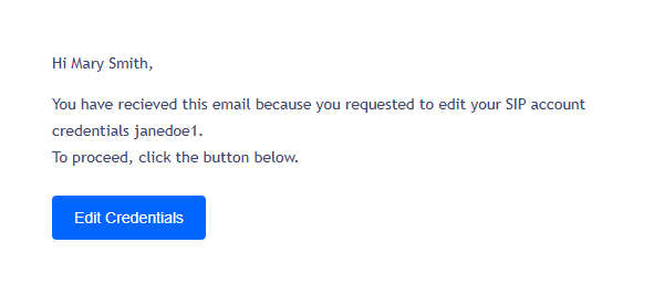 Screenshot of the SIP account credentials change confirmation alert with Edit Credentials button